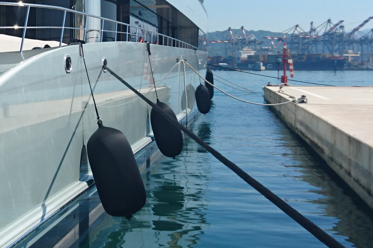 Black Fendertex fenders on meaga yacht