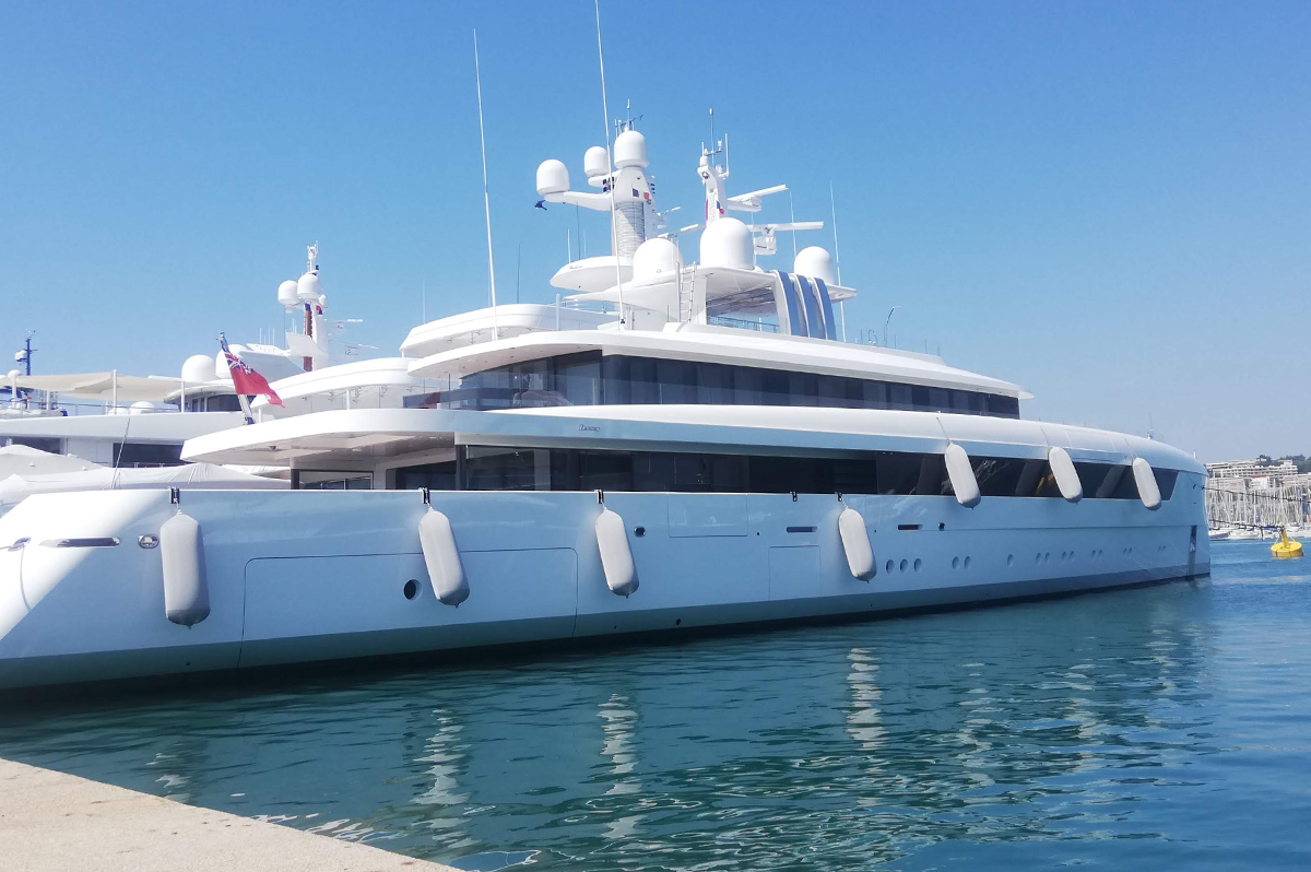 Grey Fendertex fenders on mega yacht