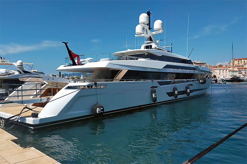 Custom navy blue Fendertex fenders on mega yacht