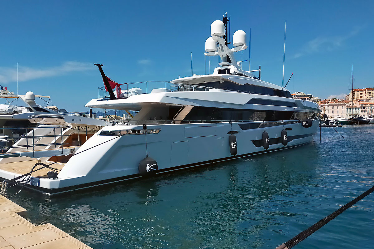 Custom navy blue Fendertex fenders on mega yacht