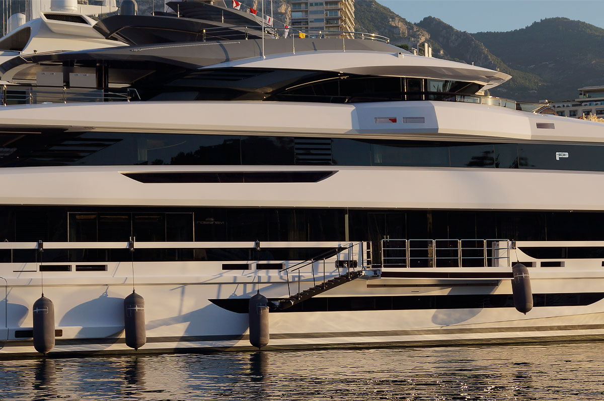 Custom gray Fendertex fenders on mega yacht