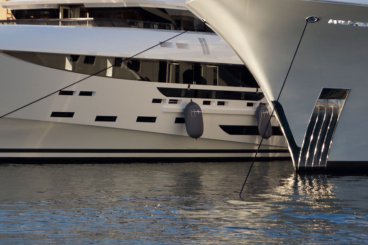 Custom gray Fendertex fenders on mega yacht