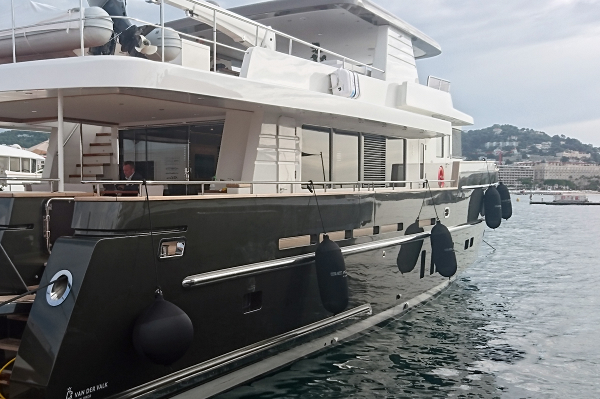 Black Fendertex fenders on powerboat