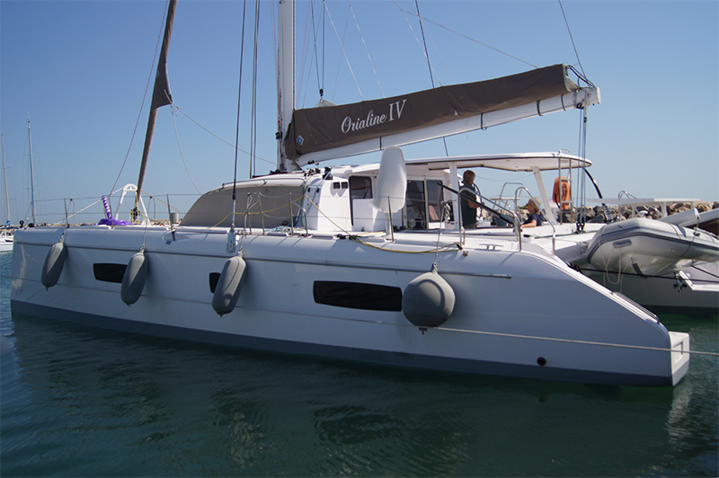 Grey Fendertex fenders on catamaran