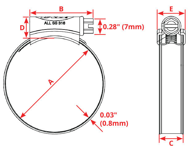 Size chart for PYI Hose Clamps